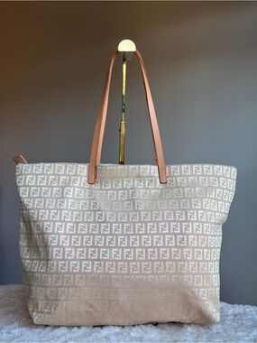 Fendi Pink Monogram Tote Bag with Tan Leather Handles